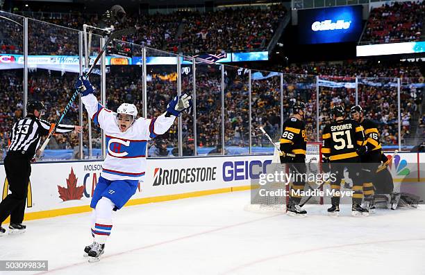 Brendan Gallagher of the Montreal Canadiens celebrates after scoring his team's third goal against the Boston Bruins in the second period during the...