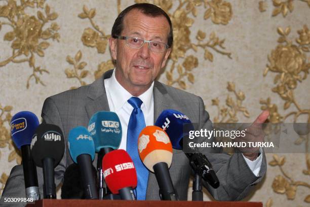 The UN envoy for Libya, Martin Kobler speaks during a press conference following a meeting with the members of Libya's General National Congress on...