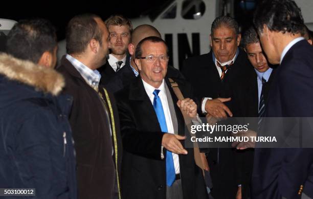 The UN envoy for Libya, Martin Kobler arrives for a press conference following a meeting with the members of Libya's General National Congress on...