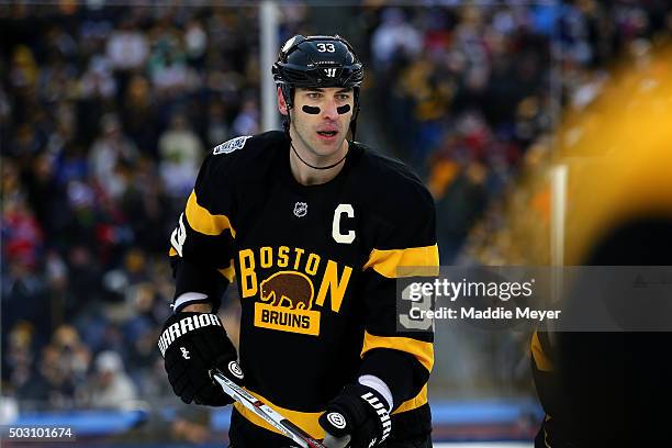 Zdeno Chara of the Boston Bruins looks on in the third period against the Montreal Canadiens during the 2016 Bridgestone NHL Winter Classic at...