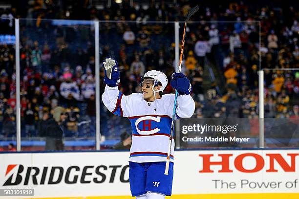 Brendan Gallagher of the Montreal Canadiens celebrates after defeating the Boston Bruins during the 2016 Bridgestone NHL Winter Classic at Gillette...