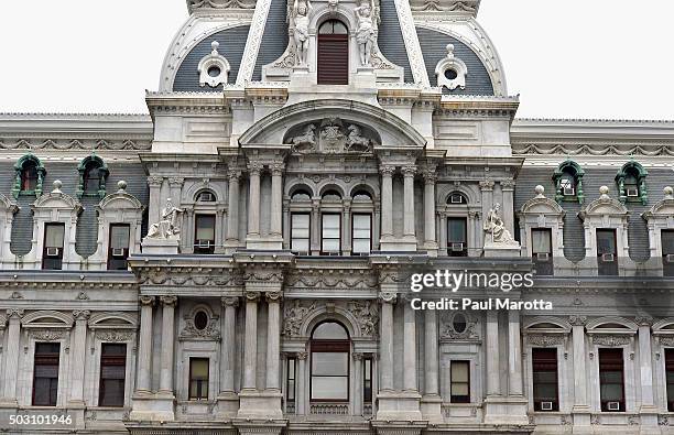 General view of Philadelphia City Hall, capped by a 36ft tall bronze statue of William Penn by Alexander Milne Calder on January 1, 2016 in...