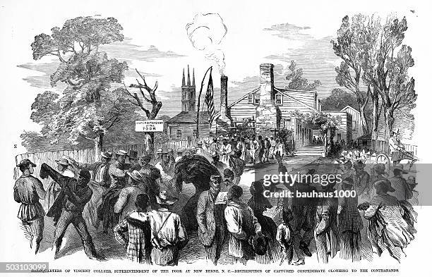 new bern, nc civil war engraving - slavery in america stock illustrations