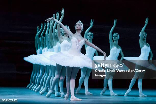 Russian dancer Anna Nikulina and others during Act I in the Bolshoi Ballet production of 'Swan Lake' during the Lincoln Center Festival at the...
