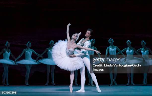 Russian dancers Artem Ovcharenko and Anna Nikulina during Act I in the Bolshoi Ballet production of 'Swan Lake' during the Lincoln Center Festival at...