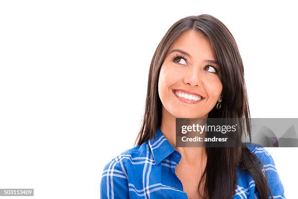 thoughtful woman portrait - beautiful woman white background stock pictures, royalty-free photos & images