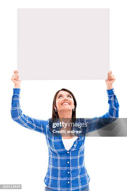 woman holding a banner - the lift presented stock pictures, royalty-free photos & images