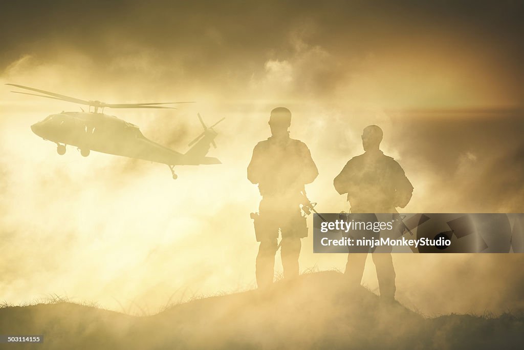 Soldiers wait for a Helicopter in Dust Storm