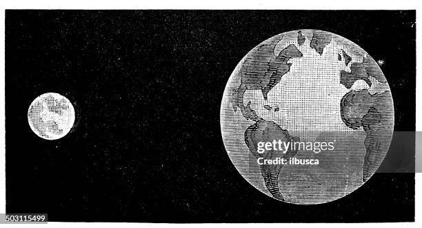 antique illustration of moon and earth - obsolete stock illustrations