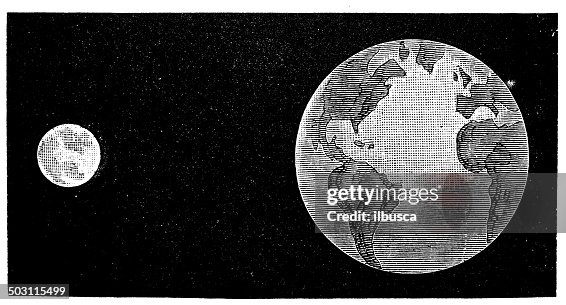 Antique illustration of Moon and Earth Antique illustration of Moon and Earth