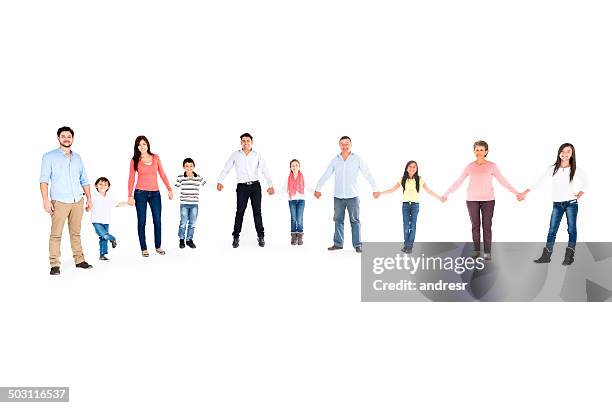 multi-generation family holding hands - grootmoeder witte achtergrond stockfoto's en -beelden