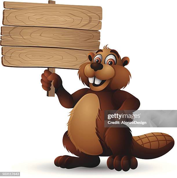 illustrazioni stock, clip art, cartoni animati e icone di tendenza di castoro con un cartello in legno - beaver