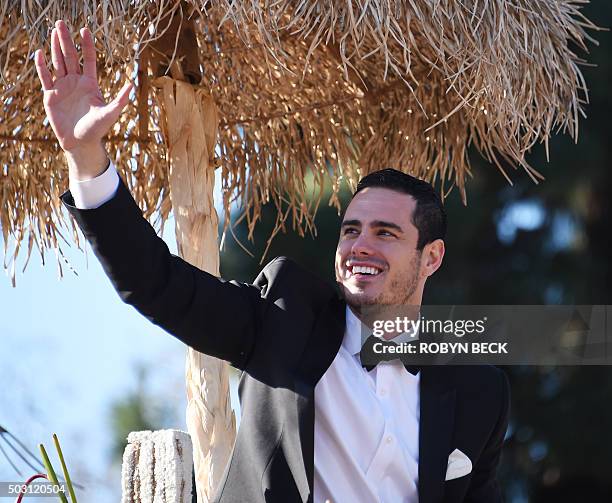 Season 20 bachelor Ben Higgins rides on "The Bachelor" Love Is the Greatest Journey" float in the 127th Rose Parade in Pasadena, California on...