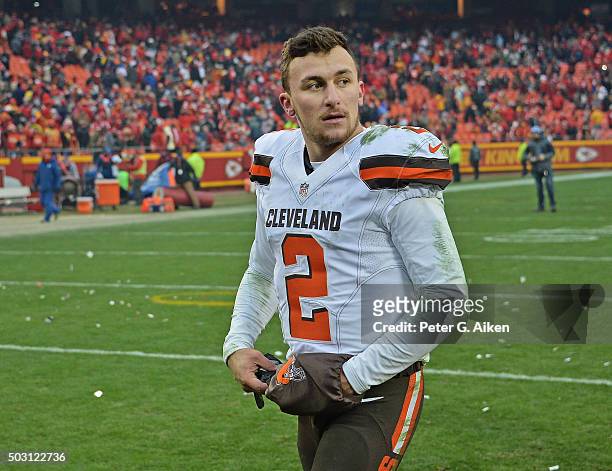 Quarterback Johnny Manziel of the Cleveland Browns walks off the field, after losing to the Kansas City Chiefs on December 27, 2015 at Arrowhead...