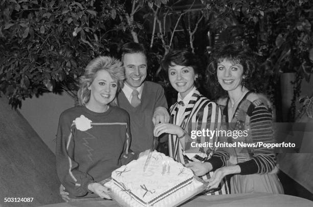 Presenters of the breakfast television franchise TV-am celebrate the 3rd birthday of the broadcast company in London on 27th January 1986. Left to...
