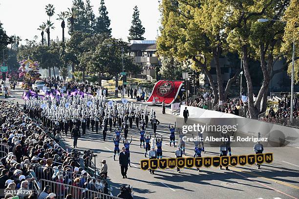The Plymouth-Canton Educational Park Marching Band participates in the 127th Tournament of Roses Parade presented by Honda on January 1, 2016 in...