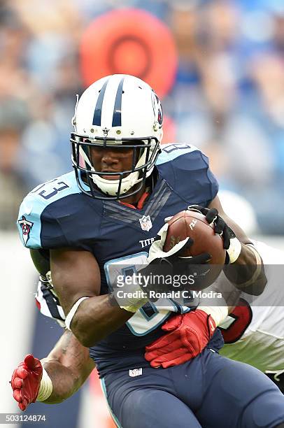 Wide receiver Harry Douglas of the Tennessee Titans catches a pass during a NFL game against the Houston Texans at Nissan Stadium on December 27,...