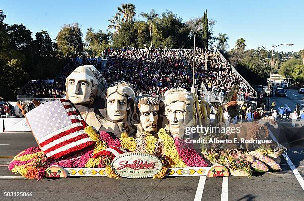 The South Dakota Department of Tourism float participates in the 127th Tournament of Roses Parade presented by Honda on January 1, 2016 in Pasadena,...