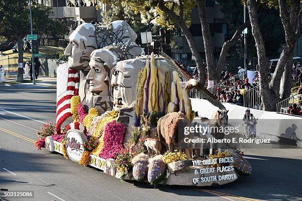 The South Dakota Department of Tourism float participates in the 127th Tournament of Roses Parade presented by Honda on January 1, 2016 in Pasadena,...