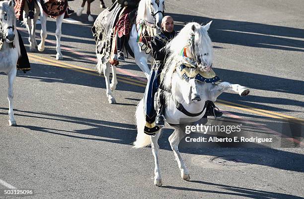 Members of the Medieval Times Dinner and Tournament float participates in the 127th Tournament of Roses Parade presented by Honda on January 1, 2016...