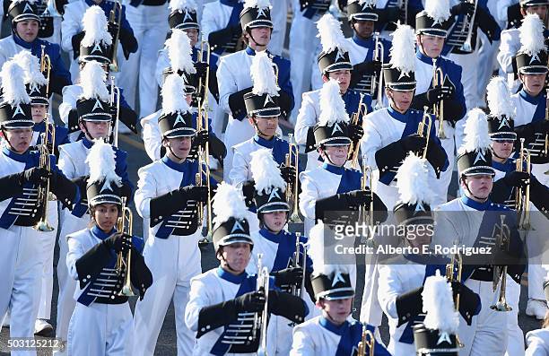 The Allen Escadrille Marching Band from Allen, Texas participates in the 127th Tournament of Roses Parade presented by Honda on January 1, 2016 in...
