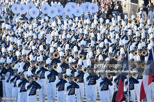 The Allen Escadrille Marching Band from Allen, Texas participates in the 127th Tournament of Roses Parade presented by Honda on January 1, 2016 in...