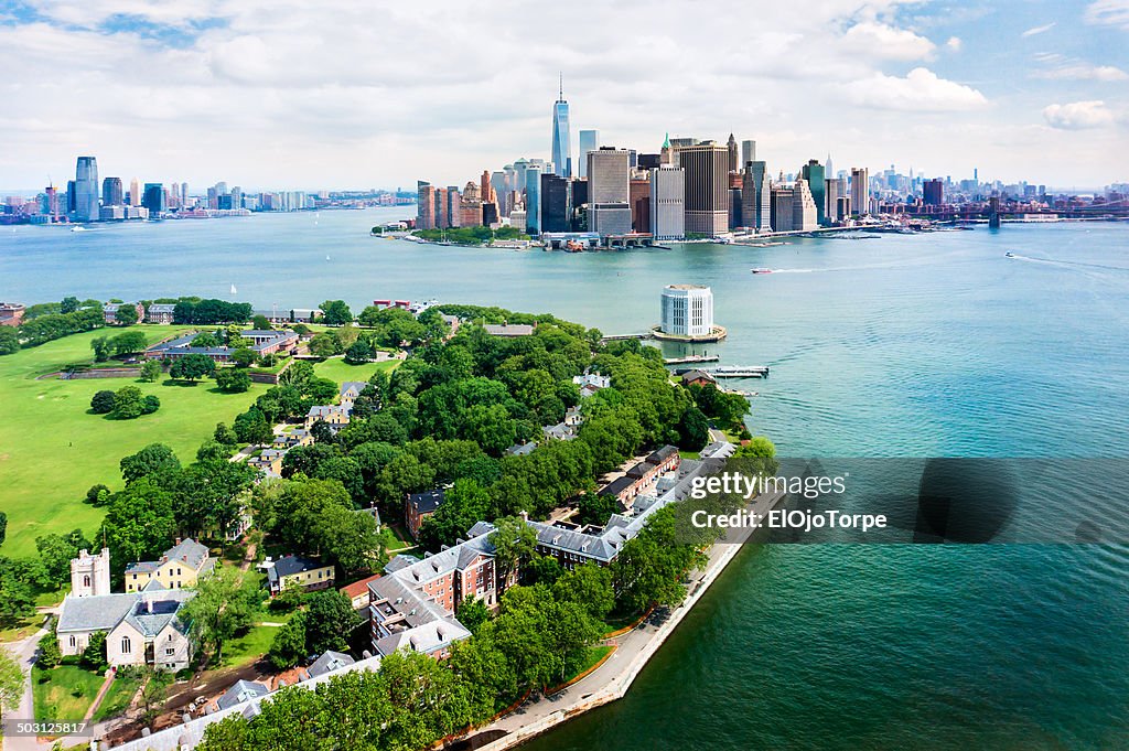 View of Governors Island and Manhattan from air