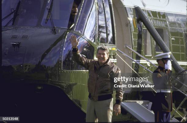 Marine One copter as casually clad President Ronald W. Reagan waves before leaving the White House for Camp David.