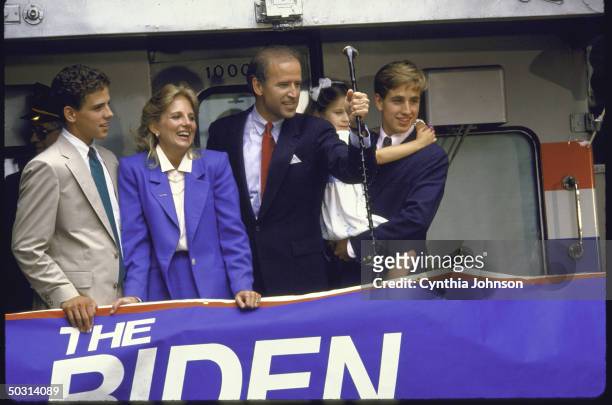 Sen. Joseph R. Biden Jr. Standing with his family on back of a train after announcing his candidacy for the Democratic presidential nomination.