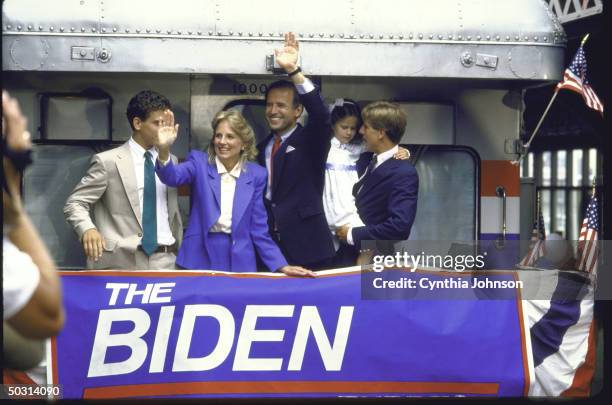 Sen. Joseph R. Biden Jr. Standing with his family on back of a train after announcing his candidacy for the Democratic presidential nomination.