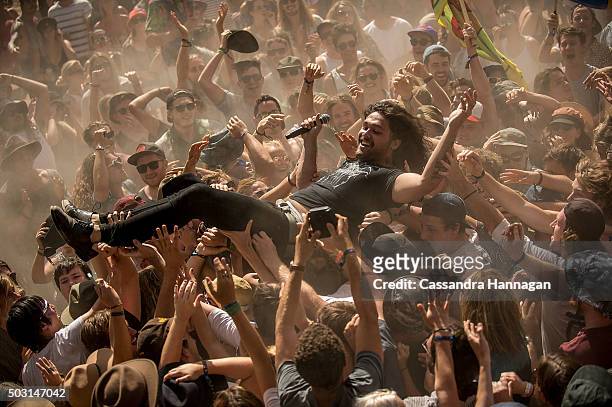 Dave Le'aupepe of the band Gang of Youths performs at Falls Festival on January 2, 2016 in Byron Bay, Australia.