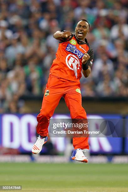 Dwayne Bravo of the Melbourne Renegades celebrates taking the wicket of Glenn Maxwell of the Melbourne Stars during the Big Bash League match between...