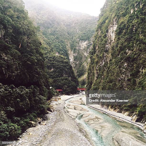Traditional Chinese temple is pictured at a canyon above the Leewo Ho River inside Taroko National Park on January 2, 2016 in Hualien, Taiwan. The...