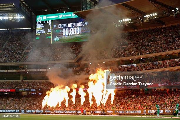 The scoreboad shows the record attendance for a domestic game in Australia during the Big Bash League match between the Melbourne Stars and the...