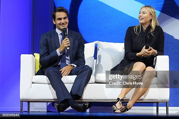 Roger Federer and Maria Sharapova talk onstage during the Summer Nights player party at Brisbane City Hall ahead of the 2016 Brisbane International...