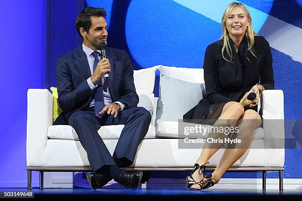 Roger Federer and Maria Sharapova talk onstage during the Summer Nights player party at Brisbane City Hall ahead of the 2016 Brisbane International...