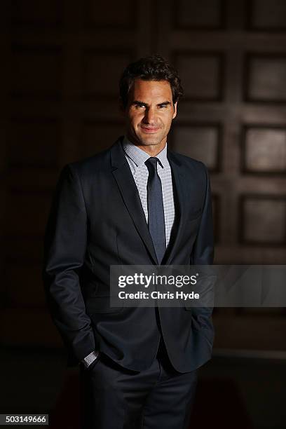 Roger Federer talks arrives for the Summer Nights player party at Brisbane City Hall ahead of the 2016 Brisbane International on January 2, 2016 in...