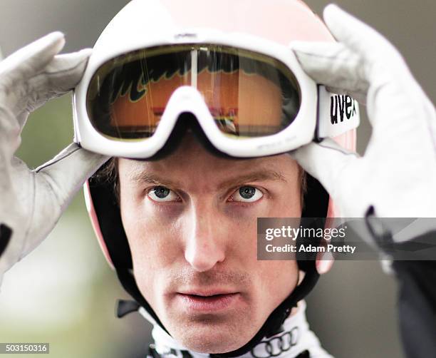 Severin Freund of Germany prepares for his practice jump on Day 1 of the Innsbruck Four Hills Tournament on January 2, 2016 in Innsbruck, Austria.