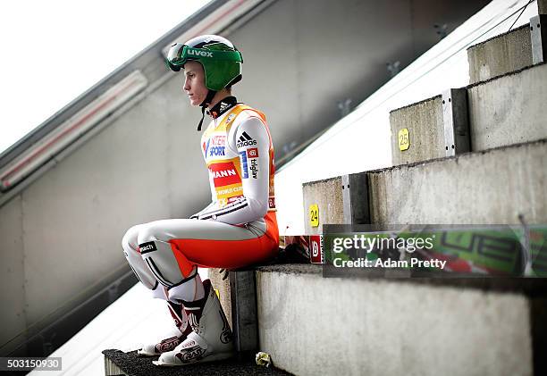 Peter Prevc of Slovenia prepares for his practice jump on Day 1 of the Innsbruck Four Hills Tournament on January 2, 2016 in Innsbruck, Austria.