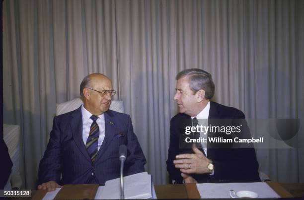 South African President Pieter Willem Botha speaking with Rev. Jerry Falwell at the Union Building.