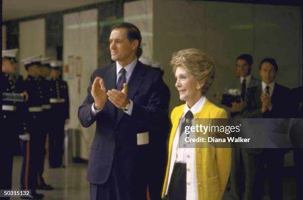 Wife of US Pres. Mrs. Ronald W. Reagan while in country with US Amb. To Mexico John Gavin touring in wake of earthquake.