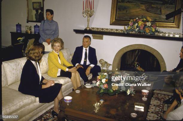 Wife of US Pres. Mrs. Ronald W. Reagan with Pres. Miguel de la Madrid Hurtado and wife after touring earthquake aftermath.