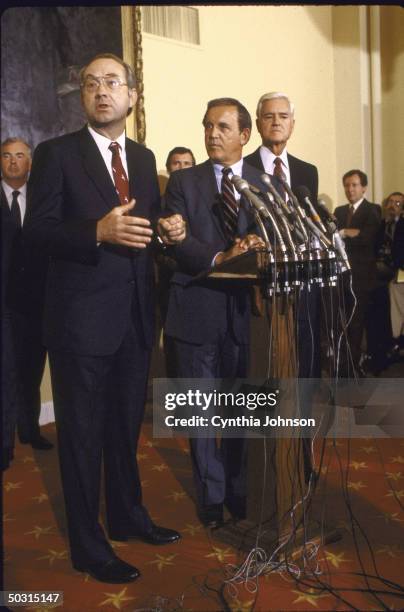 Senators Phil Gramm, Warren Rudman and Ernest F. Hollings speaking to press regarding Balanced Budget and Emergency Deficit Control Act.