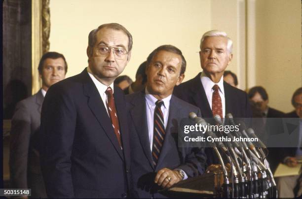 Senators Phil Gramm, Warren Rudman and Ernest F. Hollings speaking to press regarding Balanced Budget and Emergency Deficit Control Act.