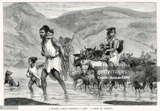 berber family crossing a ford - berber stock illustrations