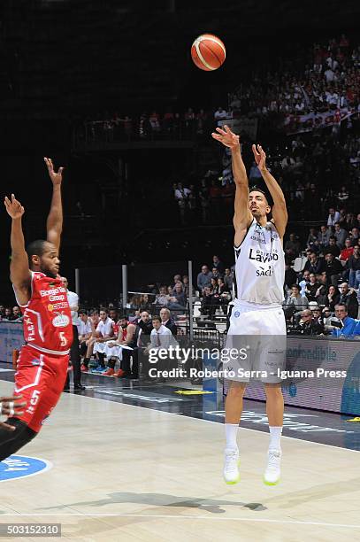 Valerio Mazzola of Obiettivo Lavoro competes with Preston Knowles of Giorgio Tesi Group during the match of LegaBasket between Virtus Obiettivo...