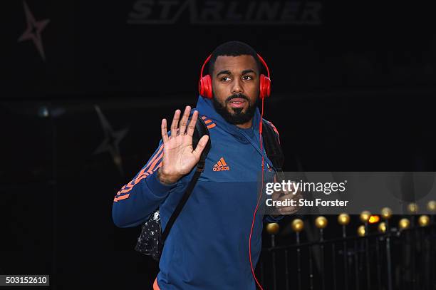 Yann M'Vila of Sunderland is seen on arrival prior to the Barclays Premier League match between Sunderland and Aston Villa at Stadium of Light on...