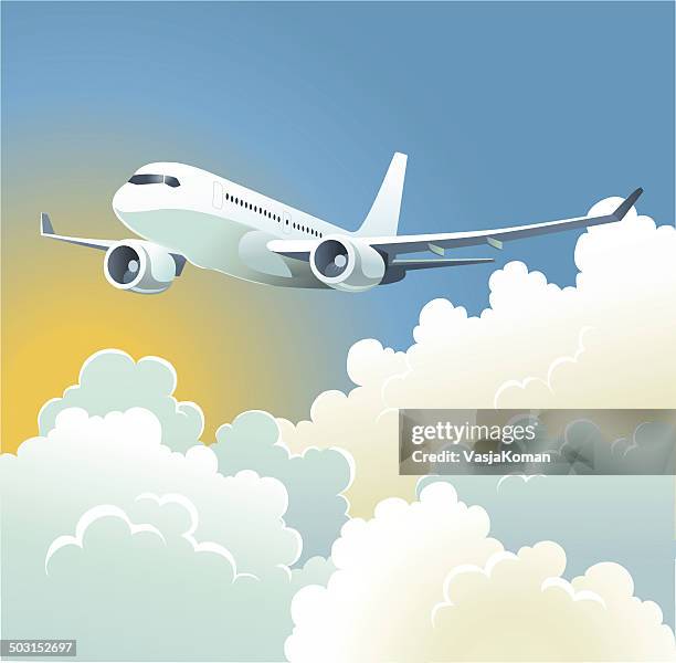 stockillustraties, clipart, cartoons en iconen met pasenger plane over the clouds - bedrijfsvliegtuig