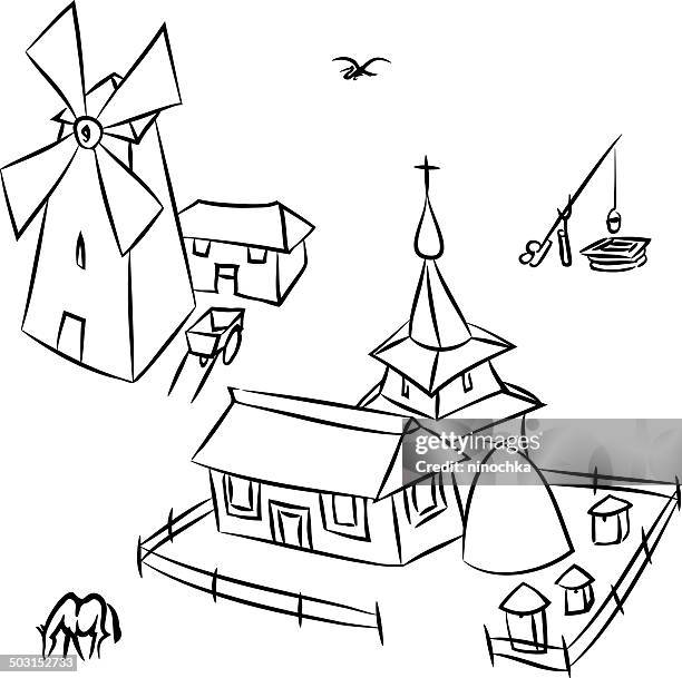 village - old windmill stock illustrations