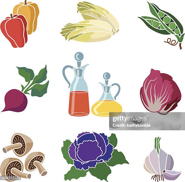 ilustraciones, imágenes clip art, dibujos animados e iconos de stock de ingredientes de ensalada grupo de iconos - aliño para la ensalada
